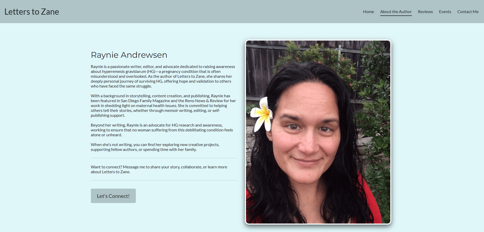 Screenshot of author Raynie Andrewsen’s website bio, featuring her photo with a plumeria flower in her hair and a written biography about her advocacy and writing on hyperemesis gravidarum.