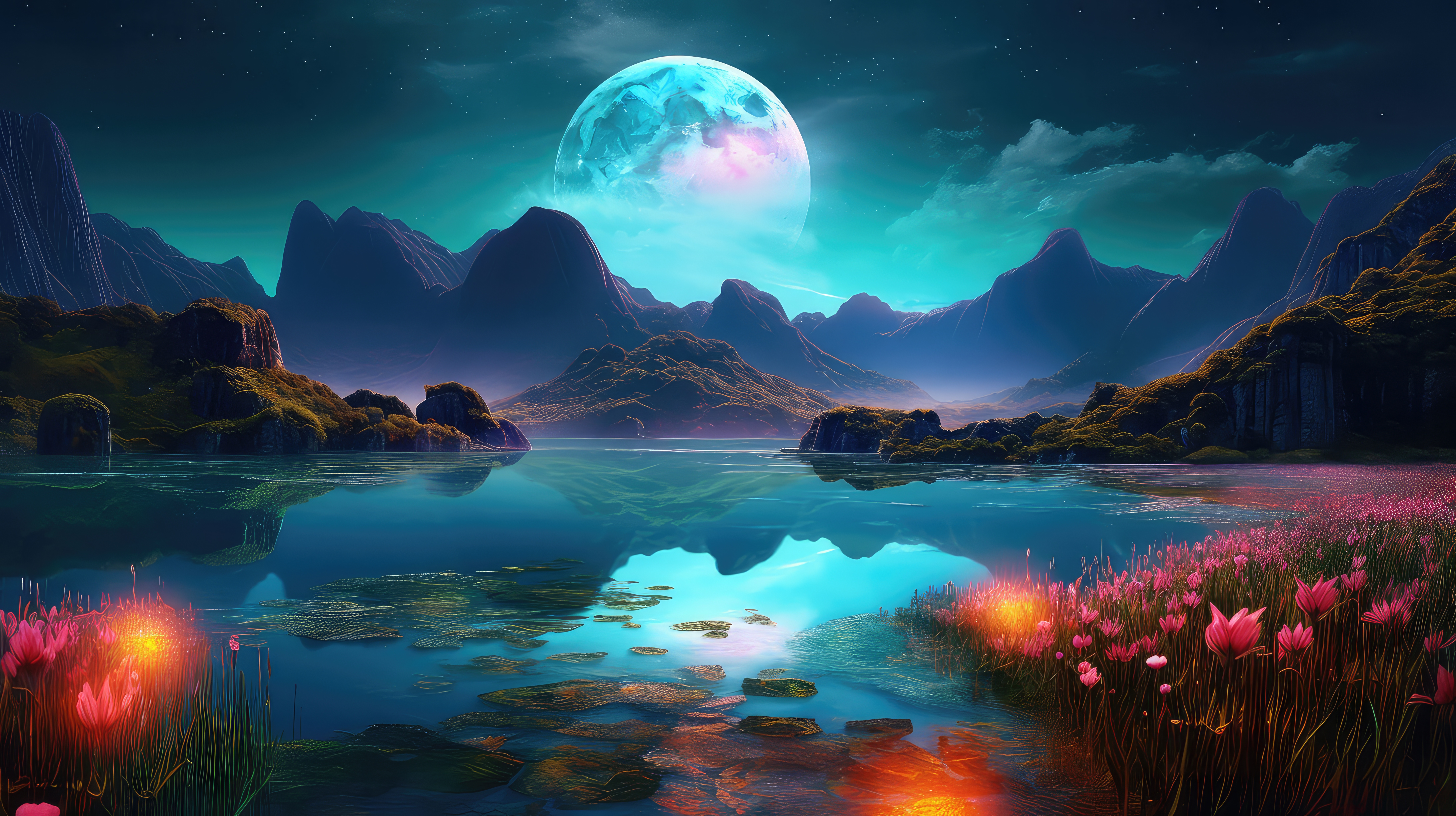 Fantasy world with glowing moon, mountains, reflective lake, and fields of pink flowers under a starry night sky.