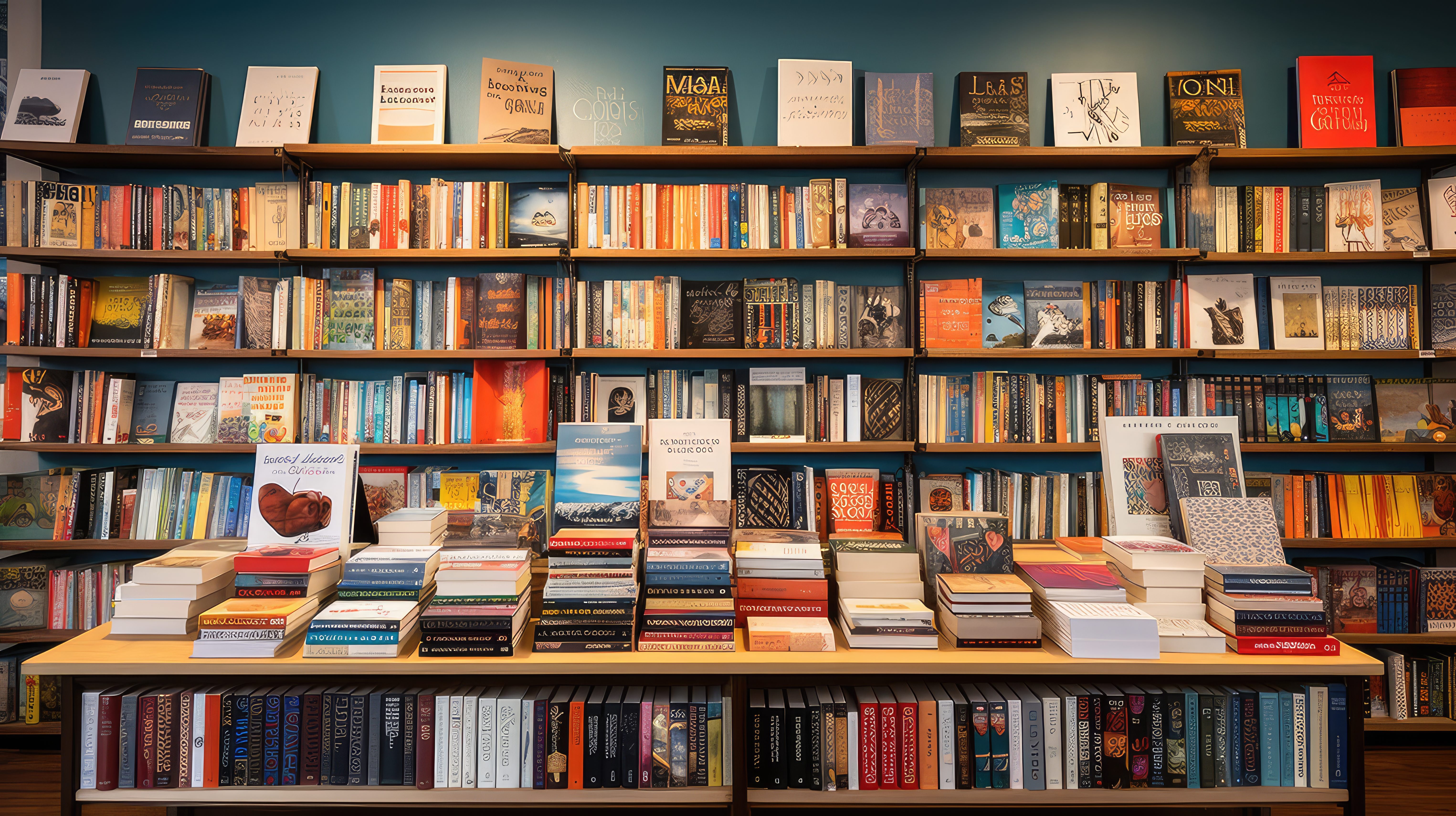 A brightly lit indie bookstore with floor-to-ceiling bookshelves and tables stacked with colorful books, representing the variety and richness of the publishing world.