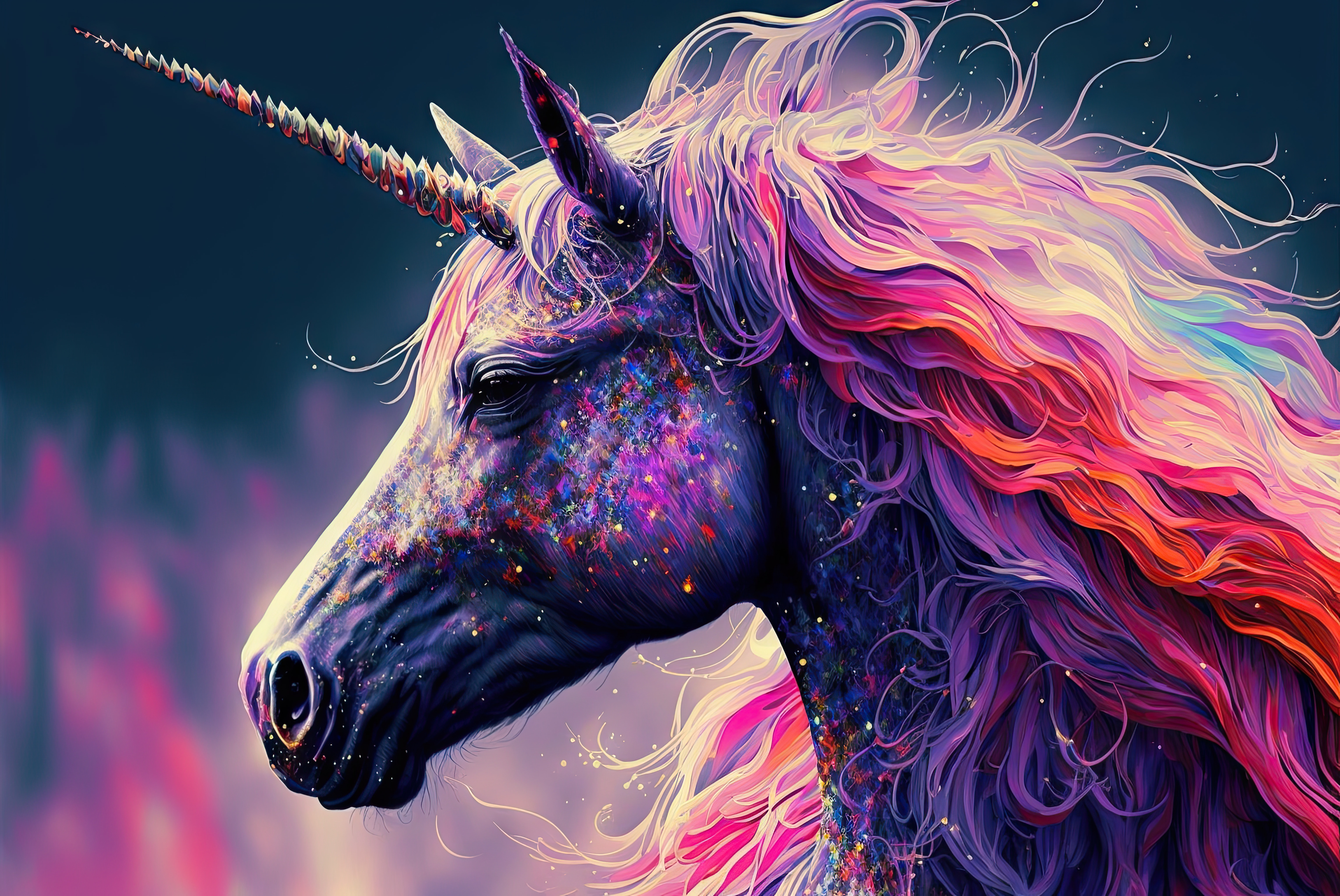 Beautiful Illustration of a purple Unicorn with pink hair