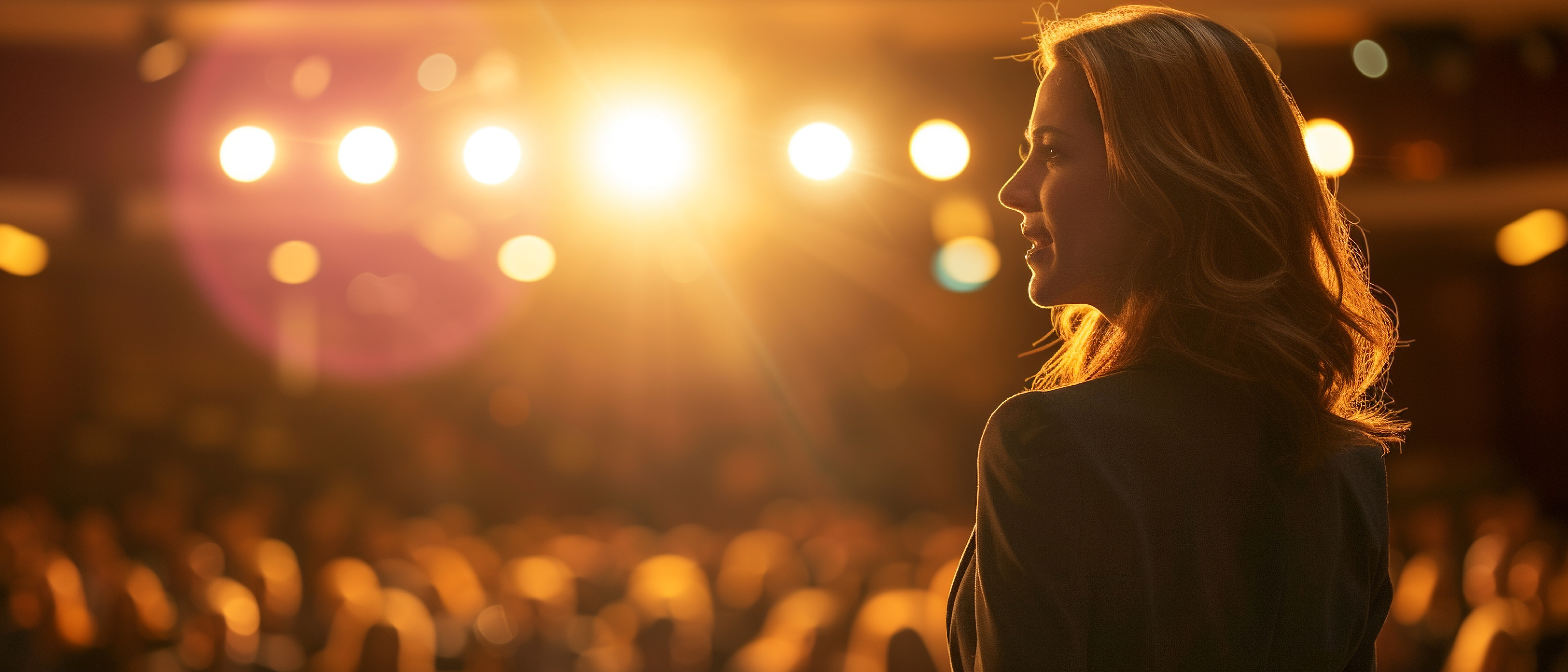 Woman standing on stage in profile under bright lights, looking out toward a blurred audience in a large auditorium.