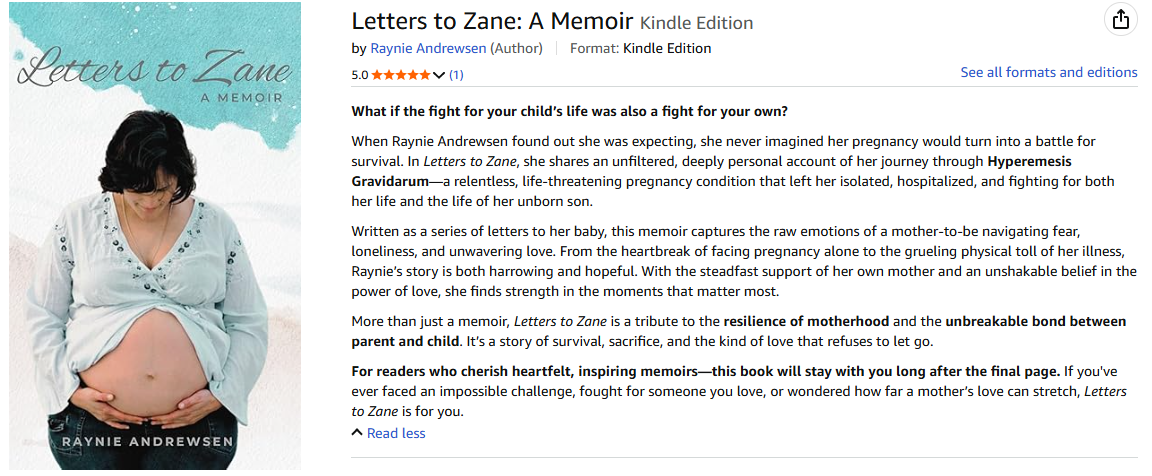 Screenshot of an Amazon book page for Letters to Zane: A Memoir, showing the cover and the opening blurb hook line: “What if the fight for your child’s life was also a fight for your own?”